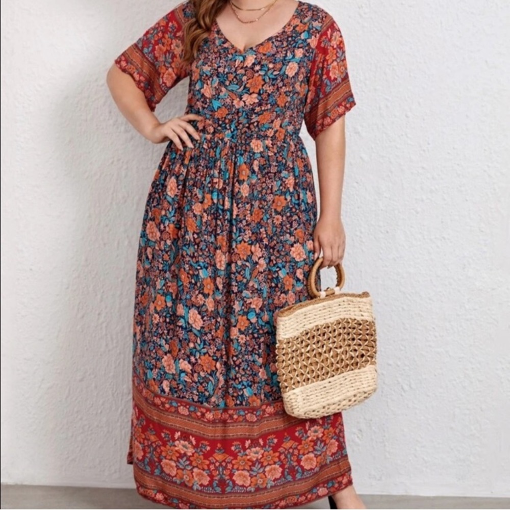 Kara & Kate: Midi boho floral dress with sleeves and v-neck, cotton blend
